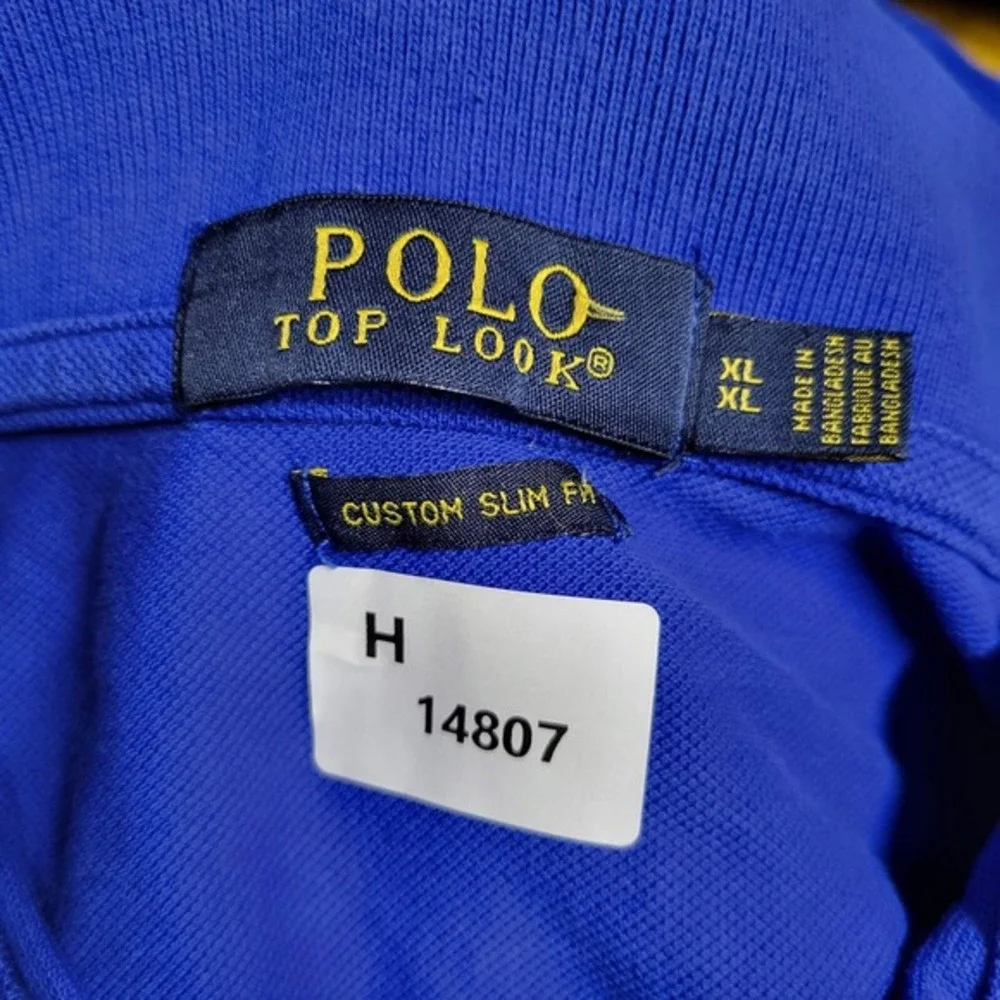 Polo Top Look Men Polo Shirt XL Blue Custom‎ Slim Fit Logo Short Sleeve Collar